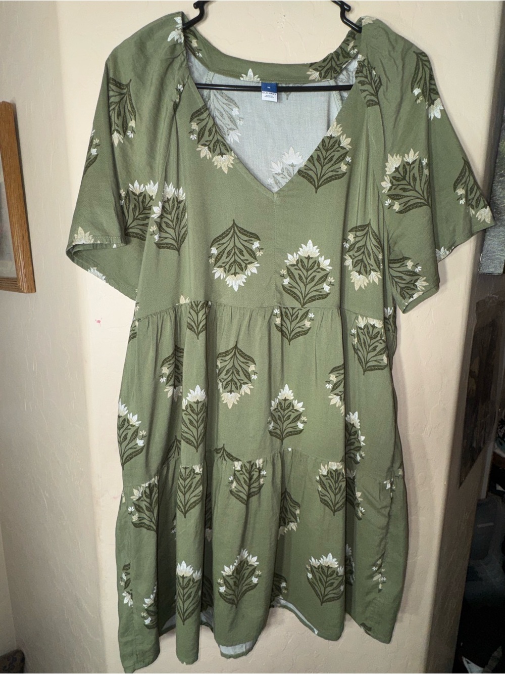 Old Navy Green White Floral Tiered Babydoll Mini Dress Boho Cottagecore M